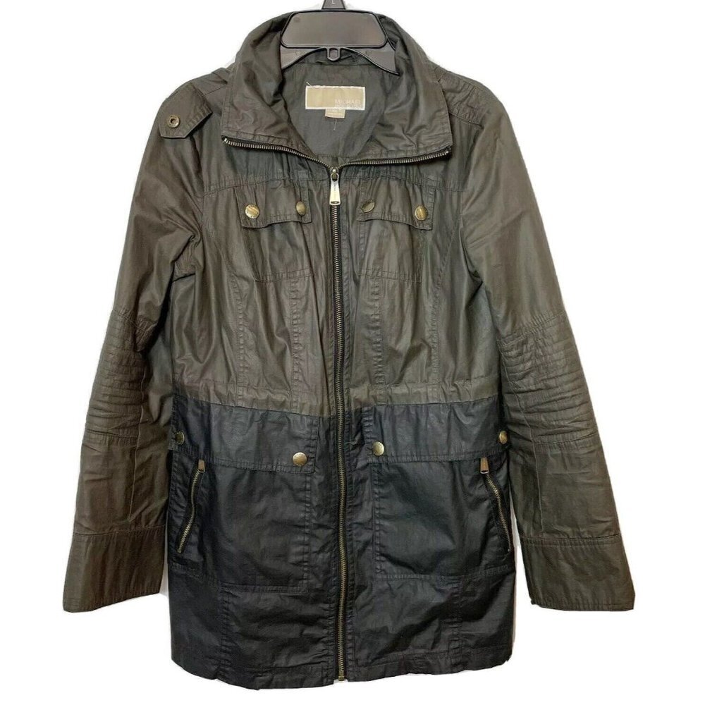 Michael Kors Anorak Full Zip Jacket‎ Womens PXS Two Toned Black Hooded Pockets